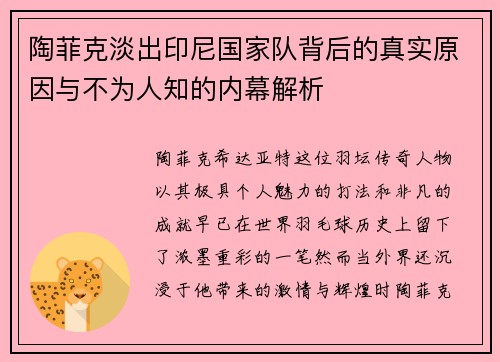 陶菲克淡出印尼国家队背后的真实原因与不为人知的内幕解析